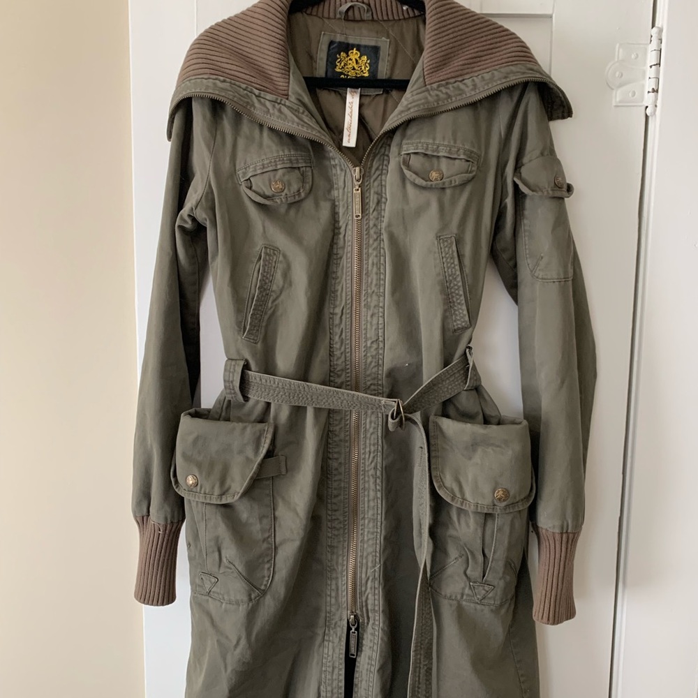 Army green knee length bomber, shawl collar